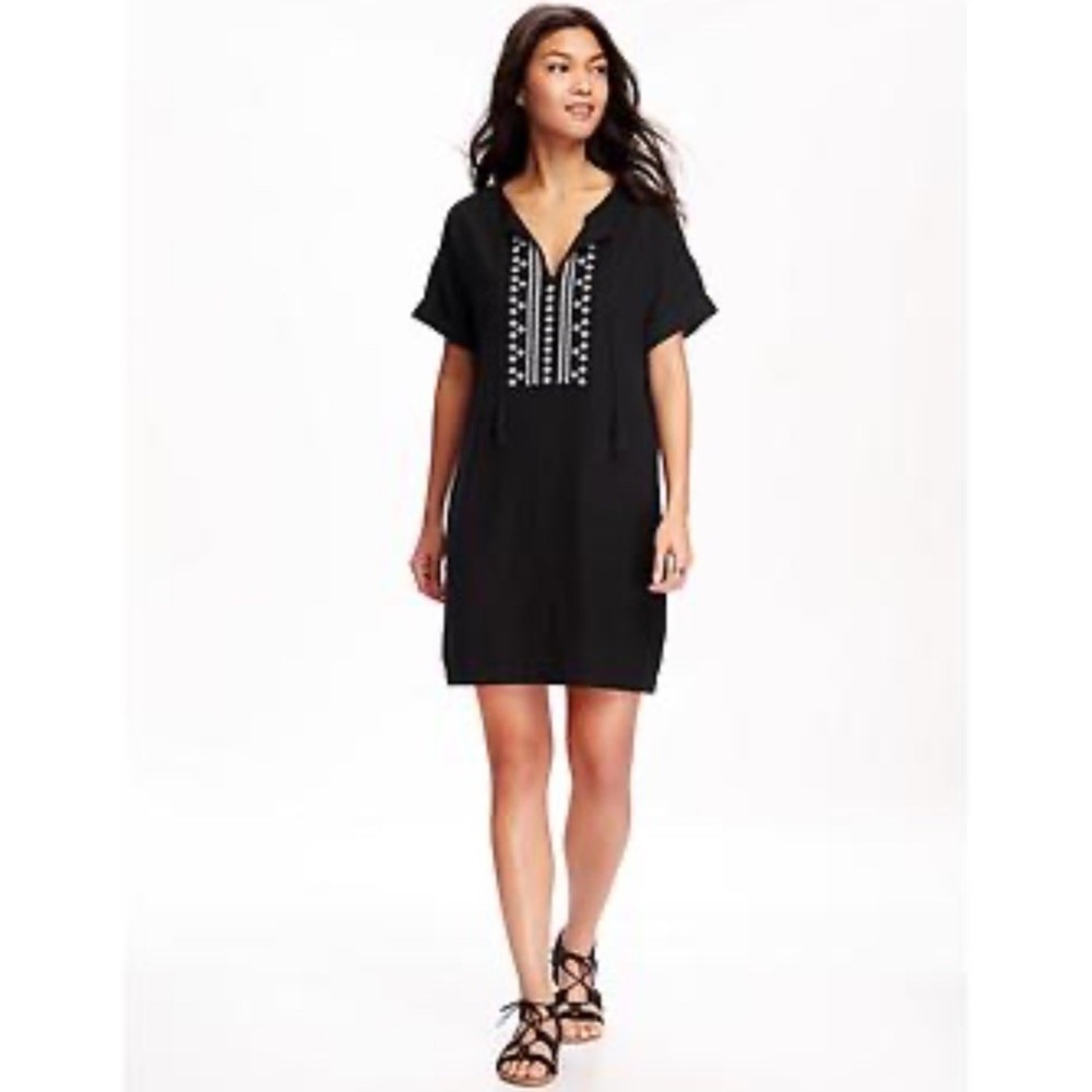 OLD NAVY  Womans Black LINEN BLEND Short Sleeve Shift Dress Ikat Print M